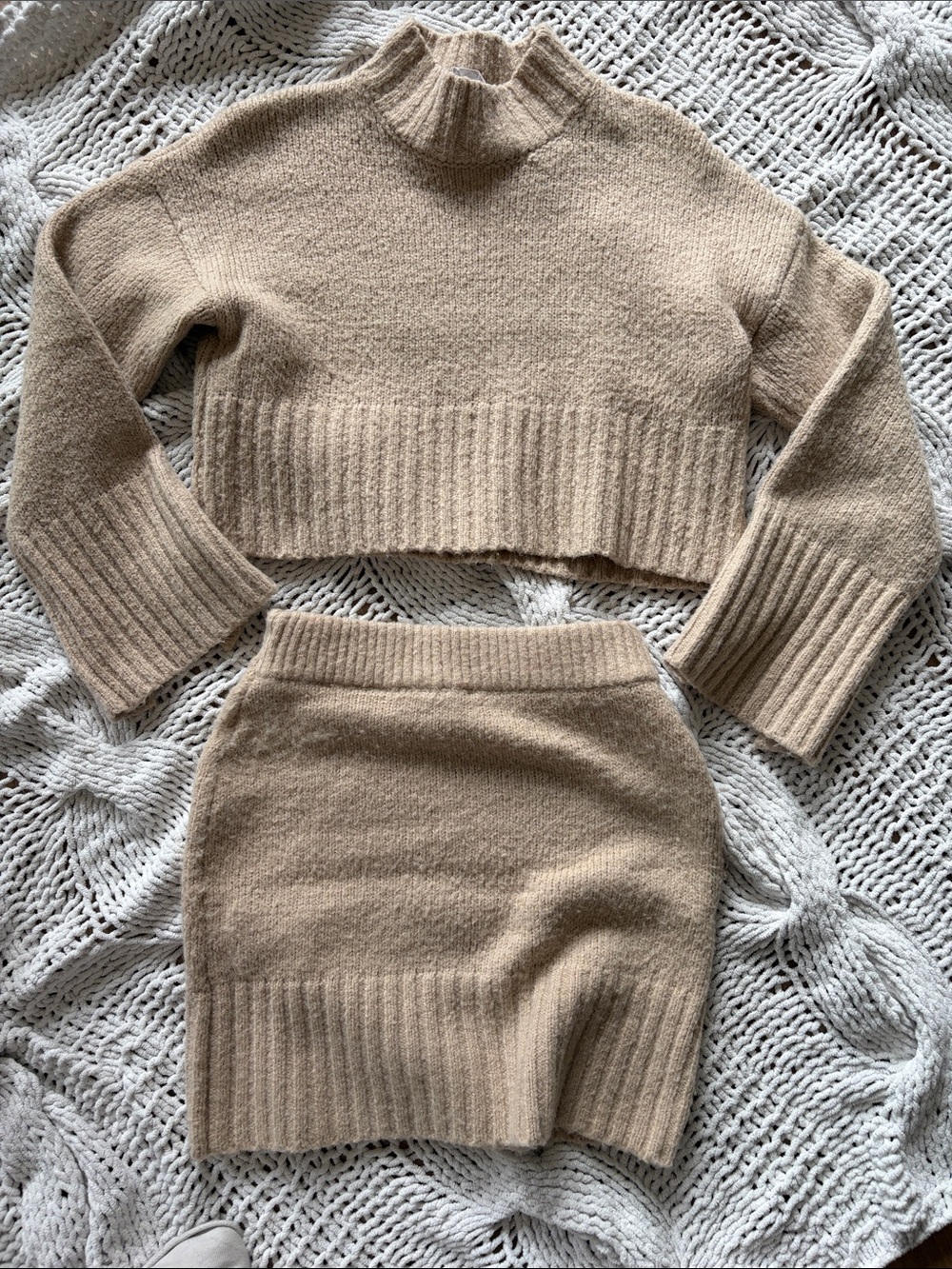 Cozy Knit Skirt Set in Tan — Ribbed Mini Skirt & Cropped Sweater (M)